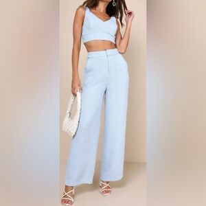 Lulus chic and sophisticated light blue tweed cropped top and wide-leg pants